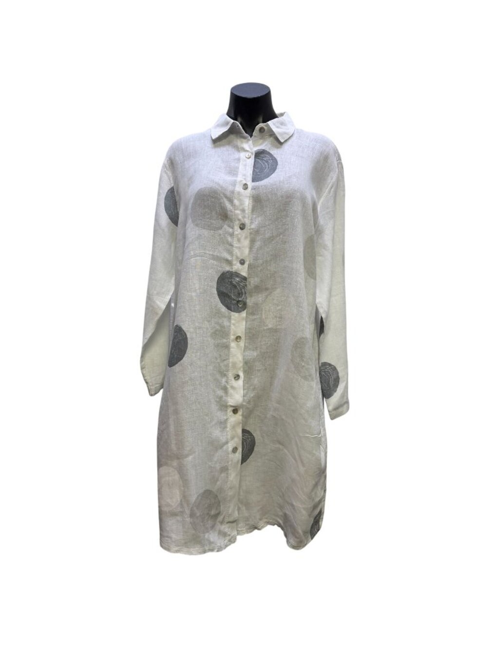 Meo Meli White & Gray Polka Dot Linen Button-Up Long Shirt Dress L